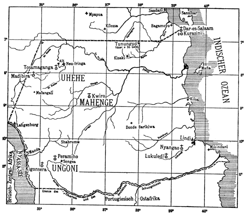 Karte der Missionsstationen der Benediktiner von St. Ottilien 1905 in Deutsch-Ostafrika (Quelle: Renner: der Fünfarmige Leuchter, Band 2)